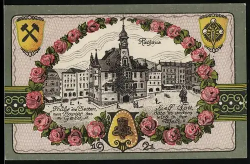 Notgeld Neurode i. Eulengebirge 1921, 50 Pfennig, Rathaus und Rosenumrandung