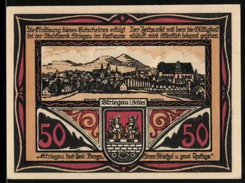 Notgeld Striegau i. Schl. 1920, 50 Pfennig, Ortsansicht und Wappen, Rathaus und Kutsche