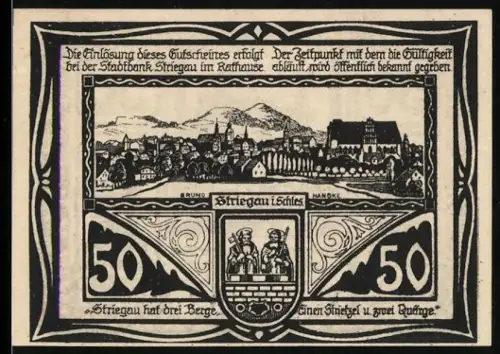 Notgeld Striegau i. Schl. 1920, 50 Pfennig, Ortsansicht und Rathaus mit Kutsche und Bienenstock