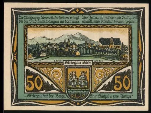 Notgeld Striegau i. Schl. 1920, 50 Pfennig, Ortsansicht und Rathaus mit Wappen