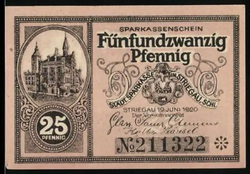 Notgeld Striegau /Schl. 1920, 25 Pfennig, Ortsansicht und Wappen, Gebäudeabbildung, Landschaftspanorama