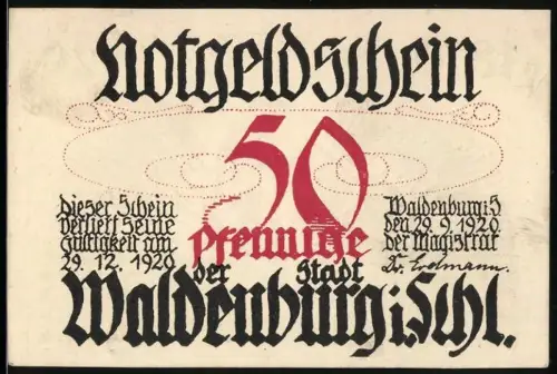 Notgeld Waldenburg i. Schl. 1920, 50 Pfennig, Mutter mit Kindern und Jahreszahlen 1870-1920