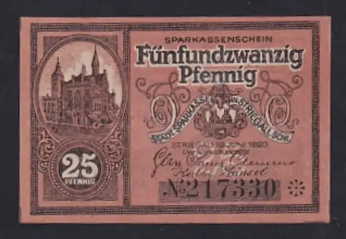 Notgeld Striegau i. Schl. 1920, 25 Pfennig, Stadtbild und Wappen mit gekreuzten Hämmern