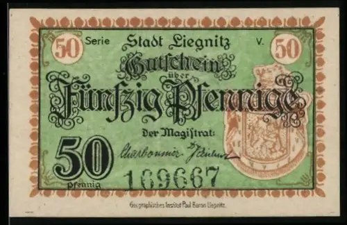 Notgeld Liegnitz, 50 Pfennig, Wappen und Altes Rathaus