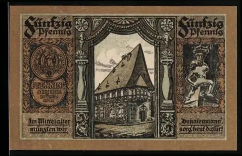 Notgeld Goslar am Harz 1920, 50 Pfennig, mittelalterliches Gebäude und Stadtwappen mit Löwen