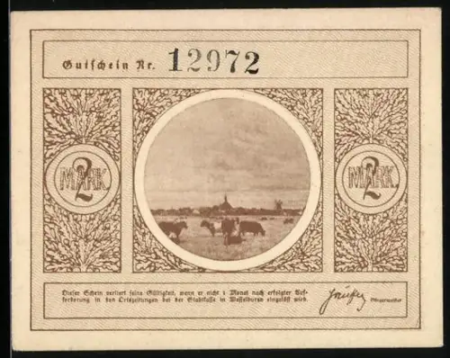 Notgeld Wesselburen /Dithmarschen, 2 Mark, Landschaft mit Kühen und Porträt eines Mannes