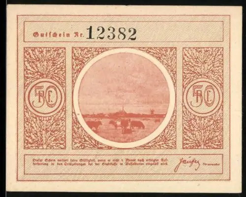 Notgeld Wesselburen /Dithmarschen, 50 Pfennig, Landschaft und Porträt eines Mannes