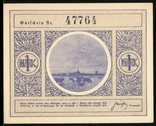 Notgeld Wesselburen i. Dithmarschen, 1 Mark, Landschaft und Porträt von Friedrich Hebbel