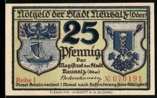 Notgeld Neusalz /Oder, 25 Pfennig, Wappen mit Schiff und Bergbauwerkzeugen, Hafeneinfahrt