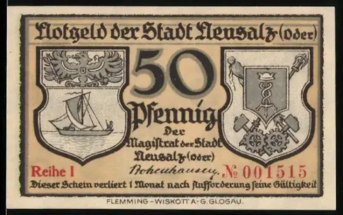 Notgeld Neusalz /Oder, 50 Pfennig, Schiffs- und Hafenmotive mit Wappen