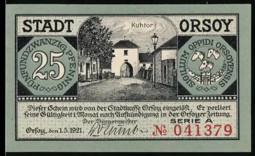 Notgeld Orsoy 1921, 25 Pfennig, Kuhtor und Ortsansicht am Rhein mit Schiffen und Booten