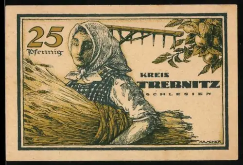 Notgeld Trebnitz /Schlesien 1920, 25 Pfennig, Bäuerin mit Erntebündel und Rechen