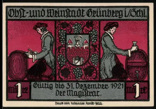 Notgeld Grünberg i. Schl.. 1921, 1 Mark, Weinfässer und Wirtshausszene mit Baum und Laternen