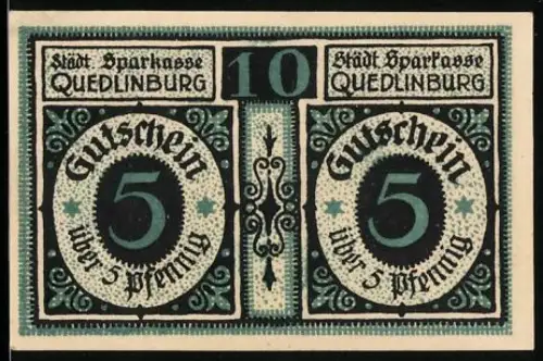 Notgeld Quedlinburg, 5 Pfennig, historische Szene mit Personen und Text in gotischer Schrift