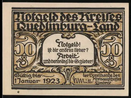 Notgeld Quedlinburg 1923, 50 Pf, Kreishaus Quedlinburg und Motiv mit Aufruf zur Arbeit