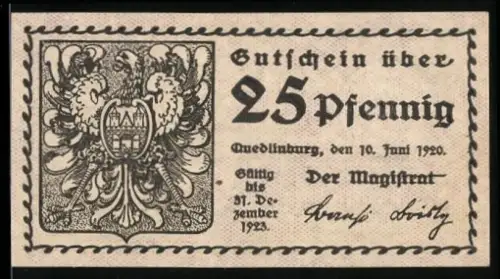 Notgeld Quedlinburg 1920, 25 Pfennig, Wappen mit Adler