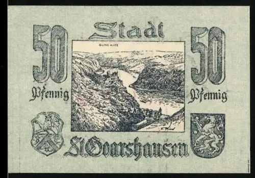Notgeld St. Goarshausen, 50 Pfennig, Landschaft mit Fluss und Wappen