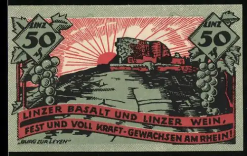 Notgeld Linz a. Rh. 1919, 50 Pfennig, Burg zur Leyen und Weinreben, Wappen von Linz