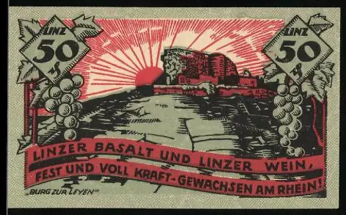 Notgeld Linz a. Rh. 1919, 50 Pfennig, Burg zur Leyen und Weinreben, mit Wappen