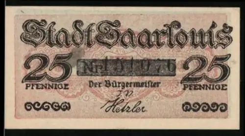 Notgeld Saarlouis 1920, 25 Pfennig, Schriftzug und Zierteile, Unterschrift des Bürgermeisters