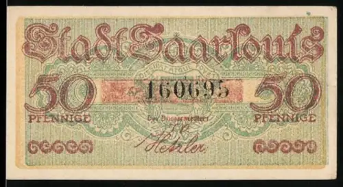 Notgeld Saarlouis 1920, 50 Pfennig, verschnörkelte rote Schrift und Wappen im Zentrum
