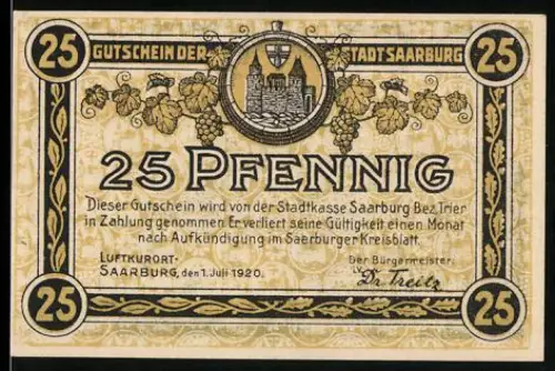 Notgeld Saarburg 1920, 25 Pfennig, Ortsansicht um 1800, Weintrauben und Stadtwappen