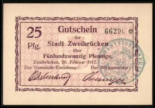 Notgeld Zweibrücken 1917, 25 Pfennig, Gutschein mit Wappen und Unterschriften
