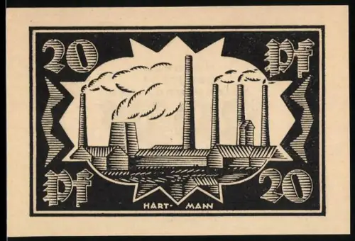 Notgeld Waldenburg /Schl. 1921, 20 Pf, Industrieanlage mit Schornsteinen