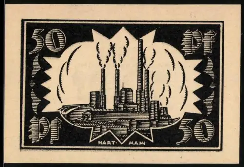 Notgeld Waldenburg /Schl. 1921, 50 Pf, Fabrik mit rauchenden Schornsteinen