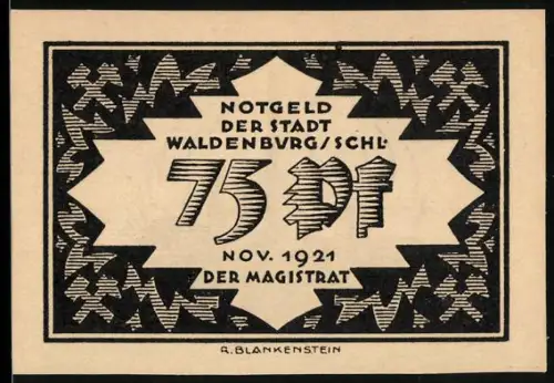 Notgeld Waldenburg /Schl. 1921, 75 Pf, Industrielandschaft mit Schornstein und Fabrikgebäuden