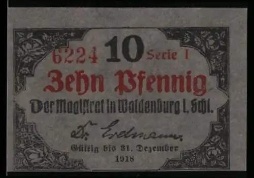 Notgeld Waldenburg i. Schl. 1918, 10 Pfennig, dekorative Schrift und florale Ornamente