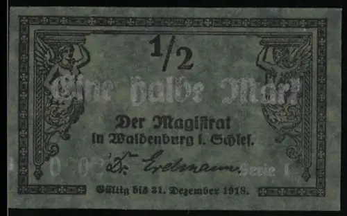 Notgeld Waldenburg i. Schl. 1918, 1/2 Mark, mit Wappen und Engelmotiven