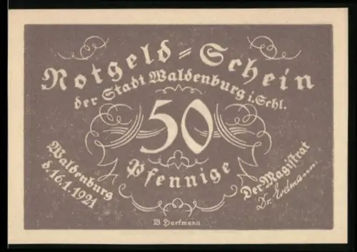Notgeld Waldenburg i. Schl. 1921, 50 Pfennig, Jubiläum der Waldenburger Bergkapelle mit Frau und Lyra