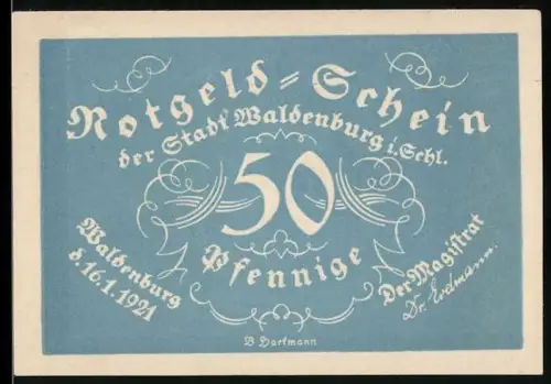 Notgeld Waldenburg i. Schl. 1921, 50 Pfennig, Jubiläum 140 Jahre Waldenburger Bergkapelle mit Musikinstrument