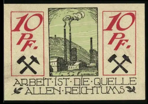 Notgeld Waldenburg i. Schl., 10 Pf, Fabrik und Bergbau-Symbole, Spruch Arbeit ist die Quelle allen Reichtums