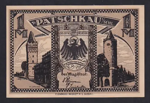 Notgeld Patschkau /Schl., 1 Mark, Ortsansicht und Silhouetten von Figuren in Bewegung