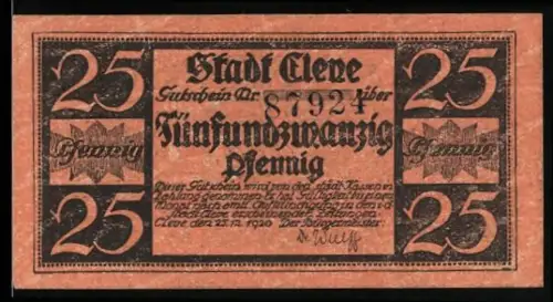 Notgeld Cleve 1920, 25 Pfennig, Schriftzug mit regionalem Spruch