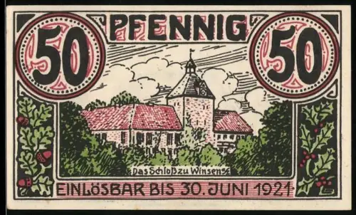 Notgeld Winsen 1921, 50 Pfennig, Schloss Winsen und Kühe auf Weide mit Pferd im Wappen