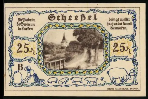 Notgeld Scheessel 1921, 25 Pfennig, Dorflandschaft und Trachtenpaar mit Wappen