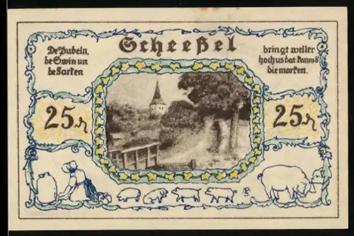 Notgeld Scheessel 1921, 25 Pfennig, ländliche Szene mit Schafen und Wappen mit Figuren