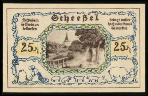 Notgeld Scheessel 1921, 25 Pfennig, ländliche Szene und traditionelle Tracht mit Wappen