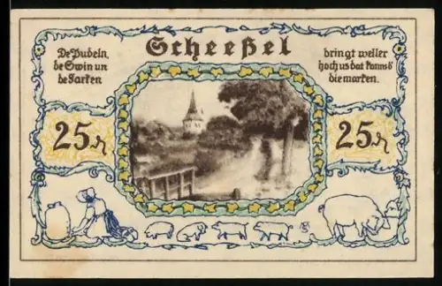 Notgeld Scheessel 1921, 25 Pfennig, Landschaft mit Kirche und Figuren mit Wappen