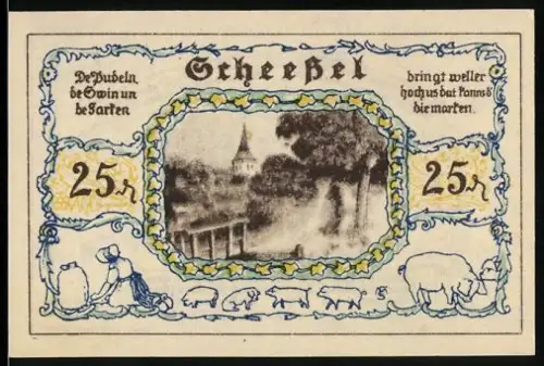 Notgeld Scheessel 1921, 25 Pfennig, Landschaft mit Kirche und Figuren in traditioneller Kleidung, Wappen