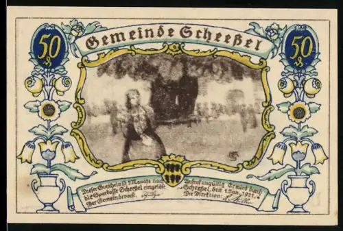 Notgeld Scheessel 1921, 50 Pfennig, ländliche Arbeitsszenen und Verzierungen