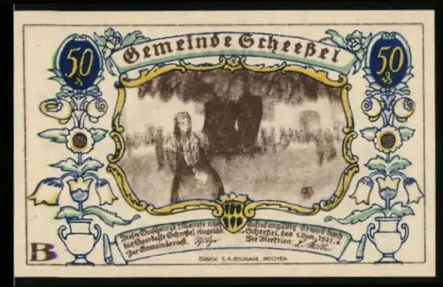 Notgeld Scheessel 1921, 50 Pfennig, Trauernde Frau am Grab und Pflügender Bauer im Feld