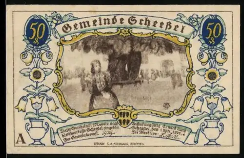 Notgeld Scheessel 1921, 50 Pfennig, Frau mit Leiterwagen und Pflüger mit Pferden