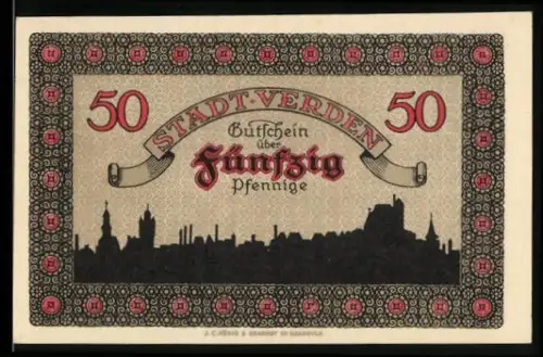 Notgeld Verden /Aller 1920, 50 Pfennig, Stadtsilhouette und Wappen mit Turm und Tor