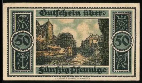 Notgeld Hannover 1921, 50 Pfennig, historische Ortsansicht und Ankerwappen