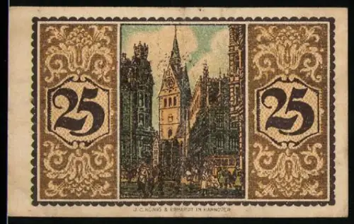 Notgeld Hannover 1921, 25 Pfennig, Ortsansicht mit gotischem Gebäude