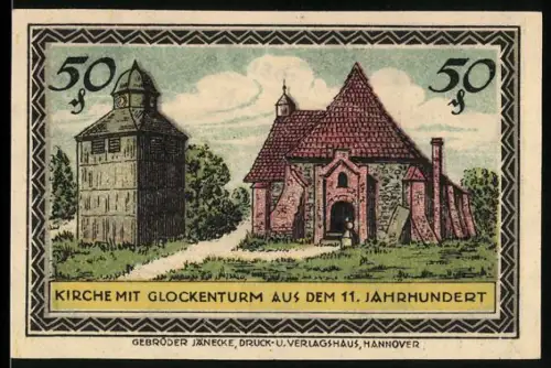 Notgeld Visselhövede /Hann. 1921, 50 Pfennig, Kirche mit Glockenturm aus dem 11. Jahrhundert, Wappen von Visselhövede